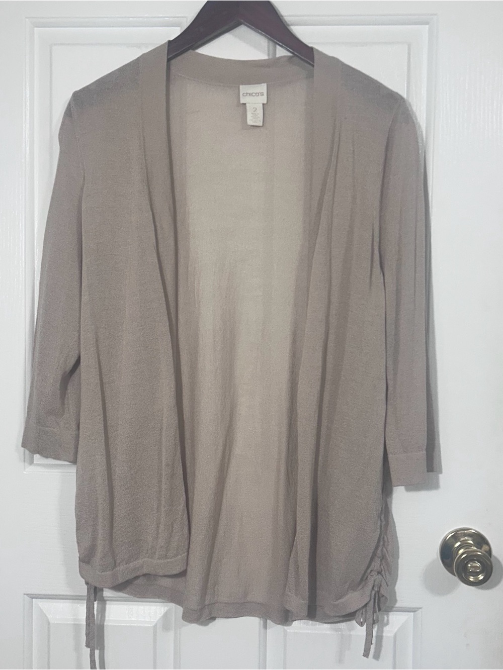 Chico's Size 2 L Warm Taupe Open Front Cardigan Chic Drawstring Knit Layer Cover